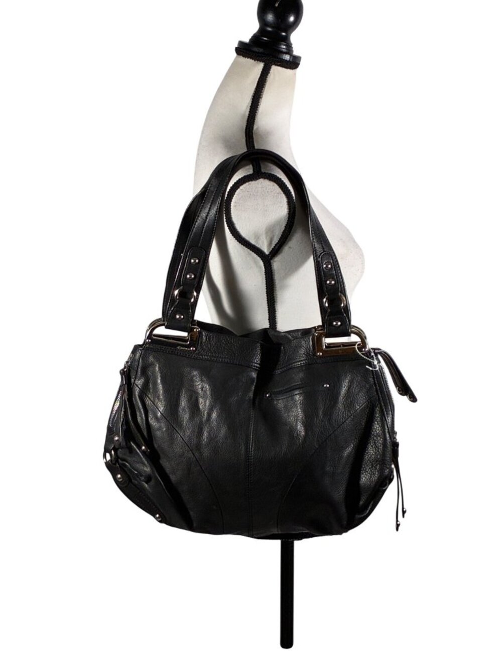 B. Makowsky Black Genuine Leather Shoulder Bag With Leopard Print Lining And Sil - Picture 2 of 13